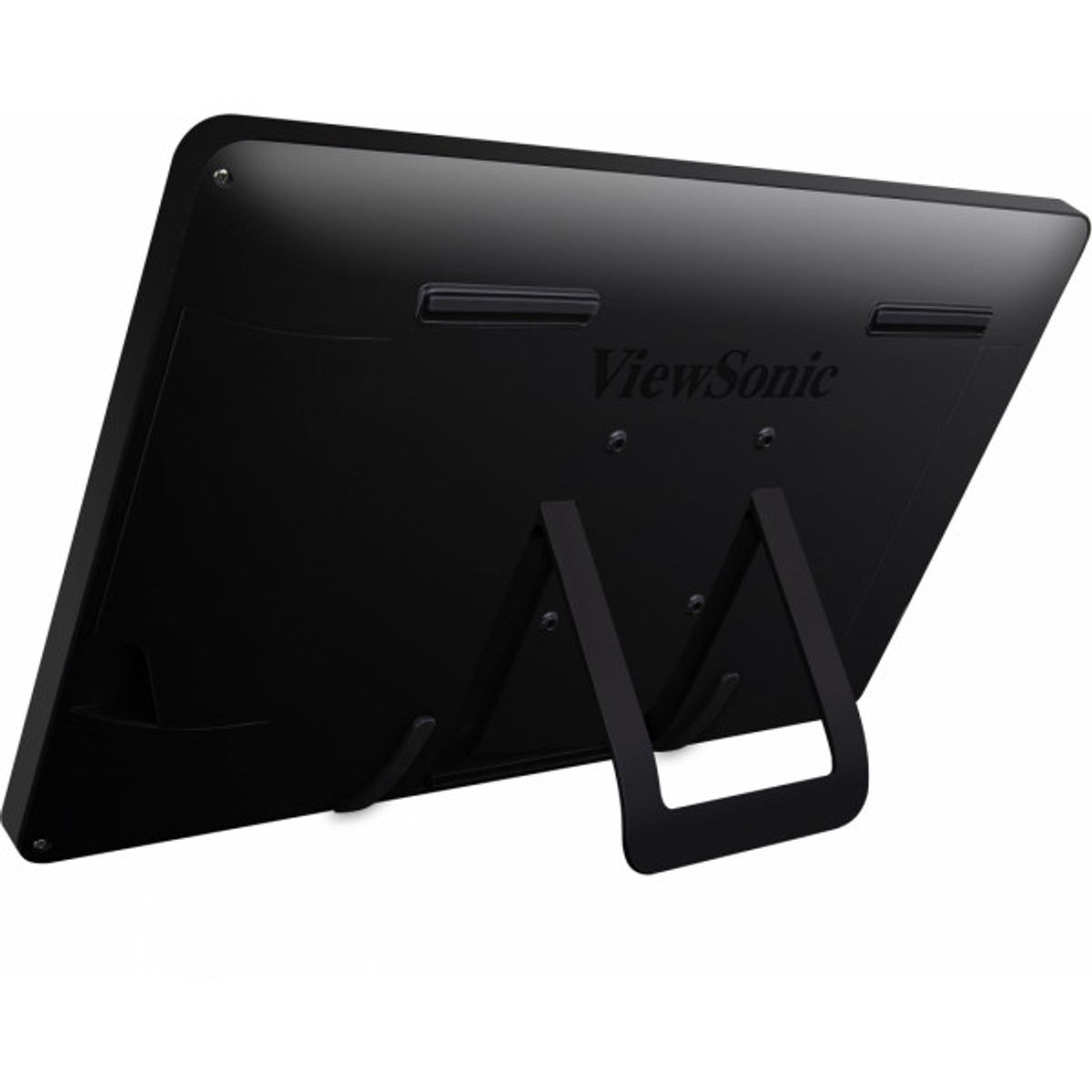 Achterkant van een zwart ViewSonic-scherm, met het logo en de standaard.