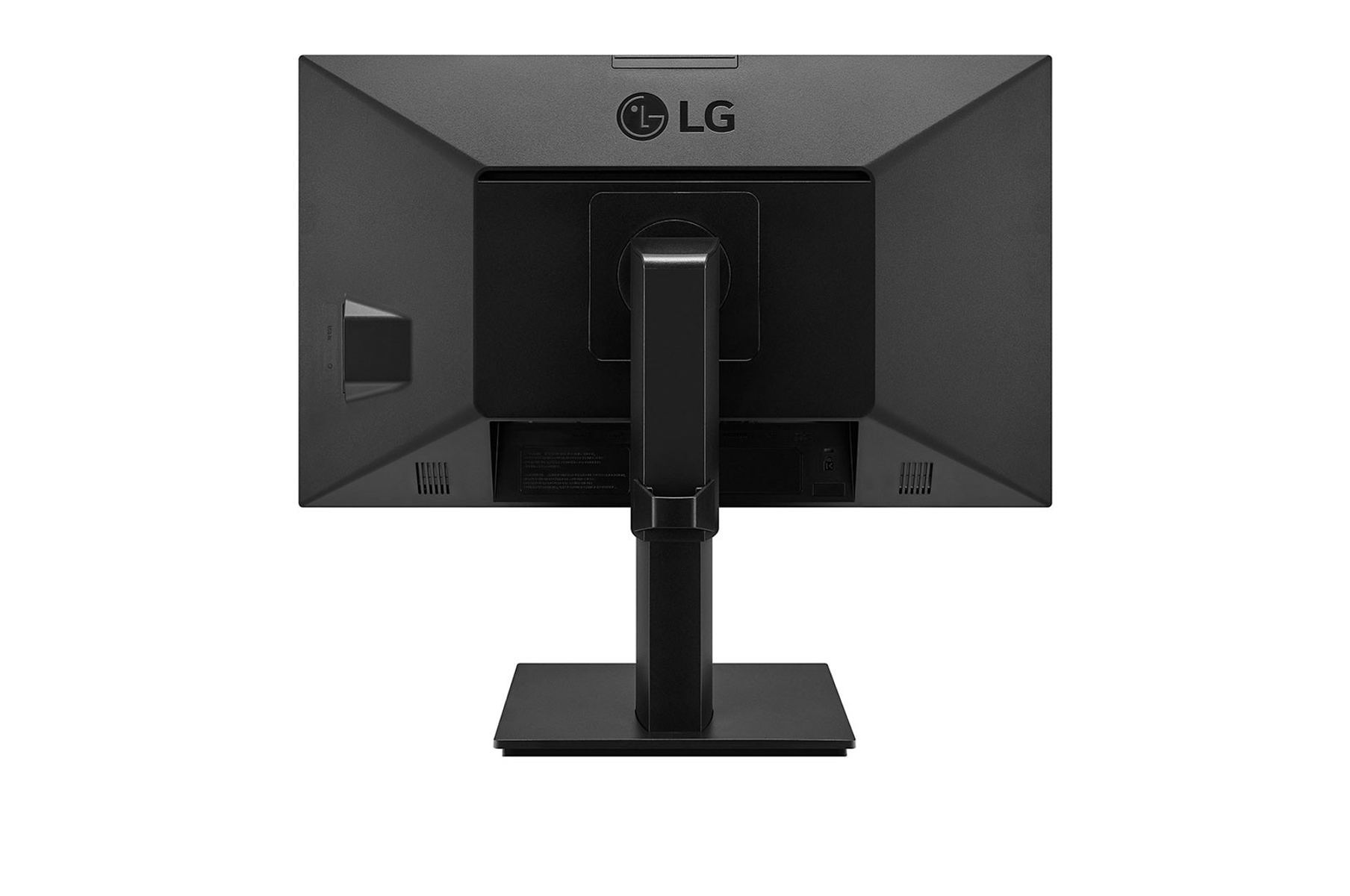 Parte trasera del monitor LG. Negro, soporte adjunto. Logotipo de LG en la parte superior. Fondo blanco.