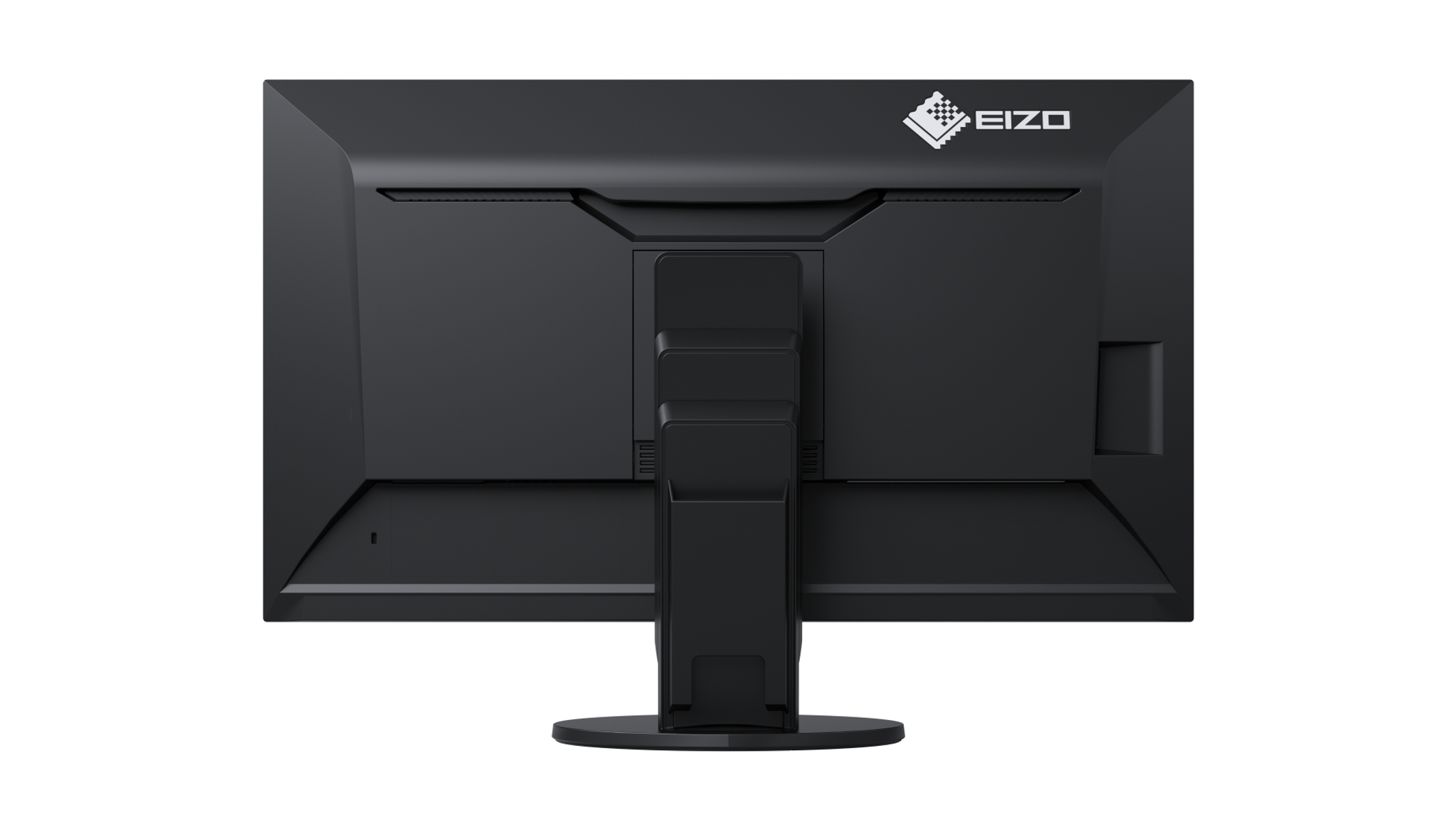 Die Rückseite eines schwarzen EIZO-Monitors mit Ständer und dem EIZO-Logo oben.