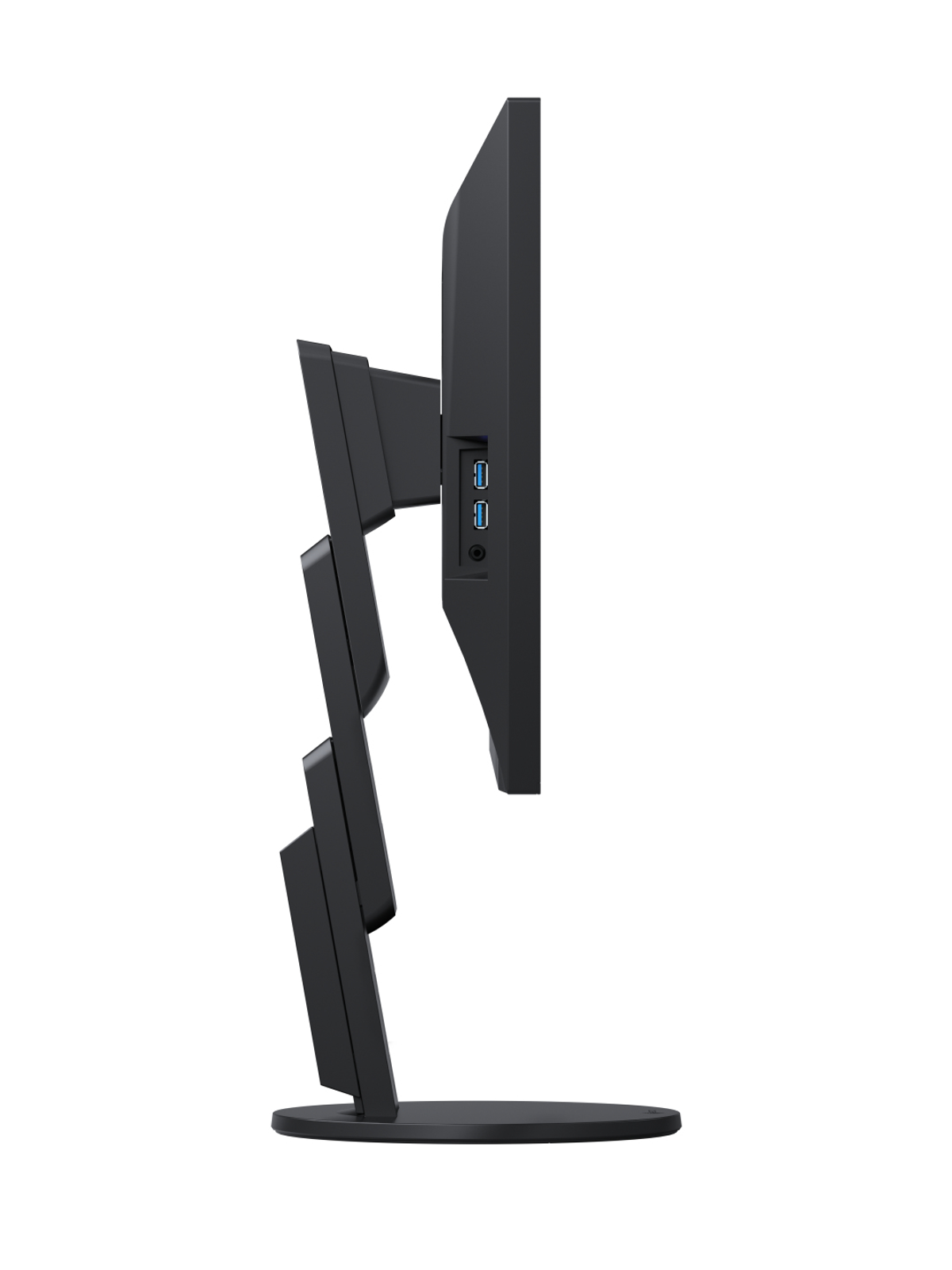 Seitenansicht eines schwarzen Monitors mit USB-Anschlüssen. Der Monitor hat einen einzigartigen Standfuß.