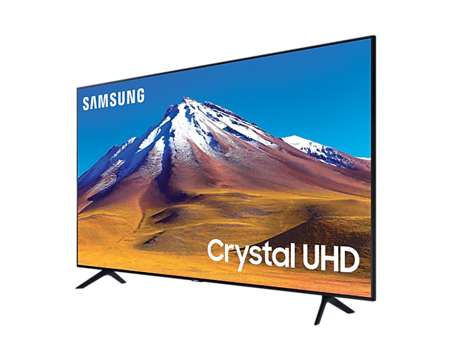 TV Samsung su sfondo bianco. Viene visualizzato un paesaggio.
