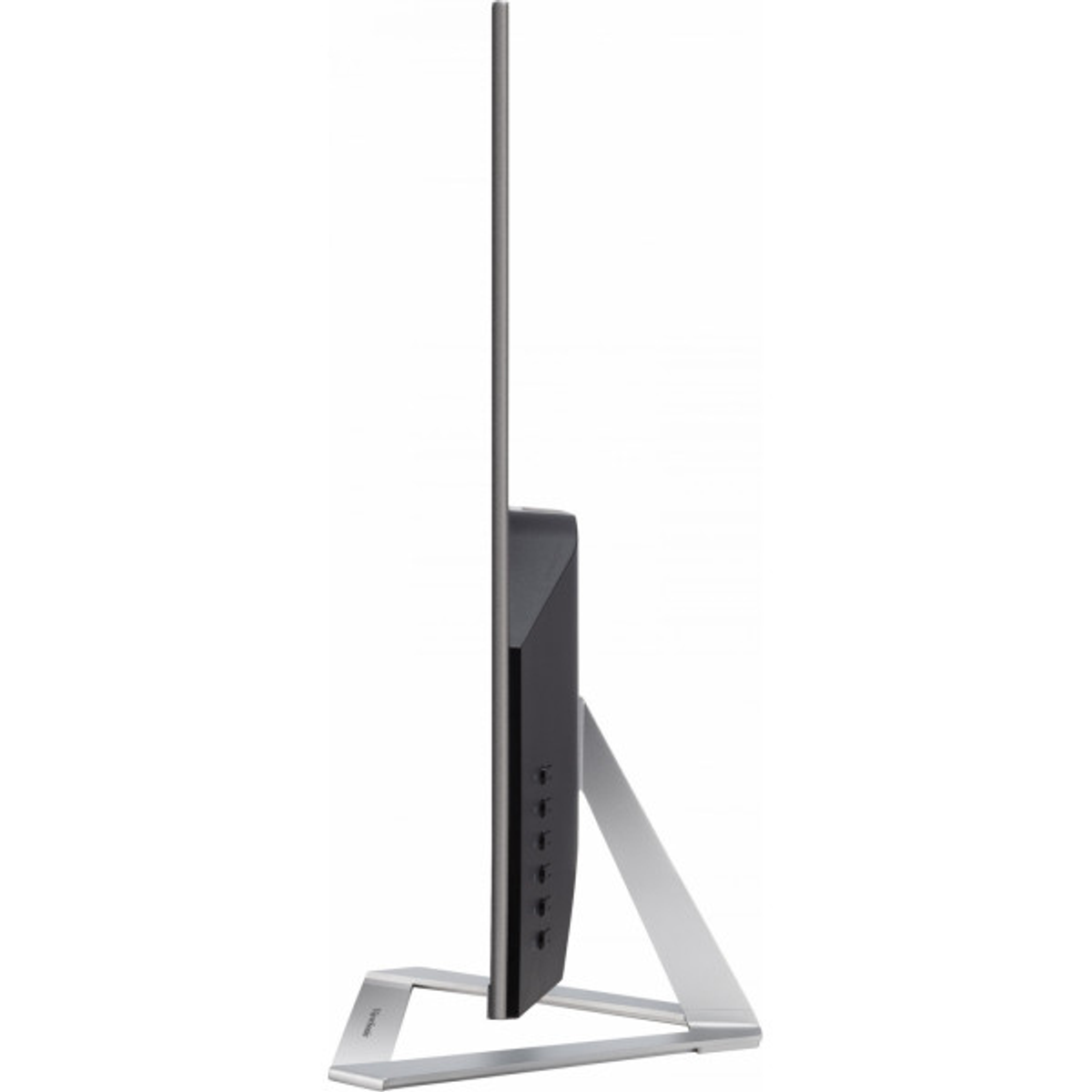 Widok z boku monitora ze srebrną podstawą i czarną ramką.