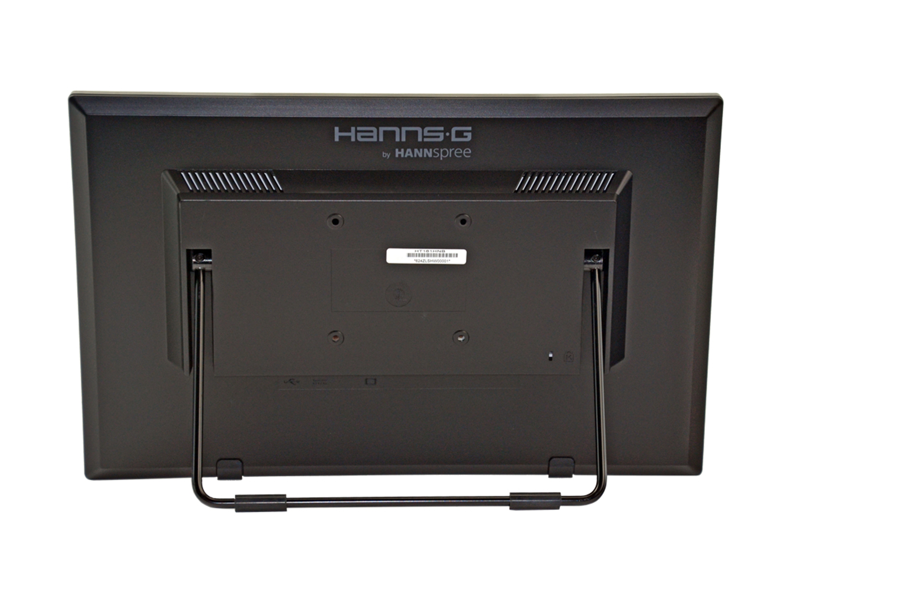 Parte trasera de un monitor negro con soporte. El fondo es blanco.