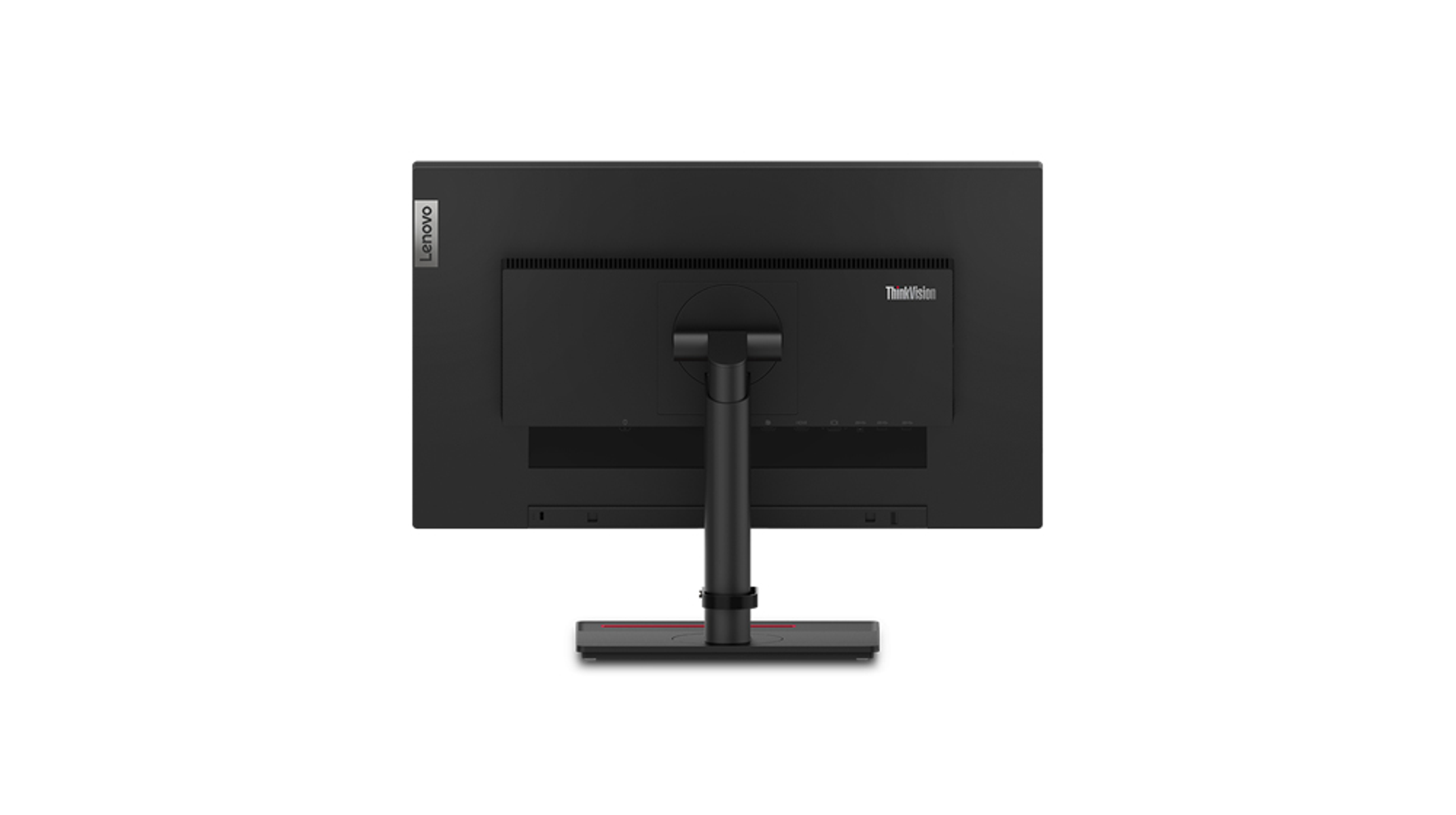 Ein schwarzer Computermonitor. Rückansicht des Monitors mit angebrachtem Ständer.
