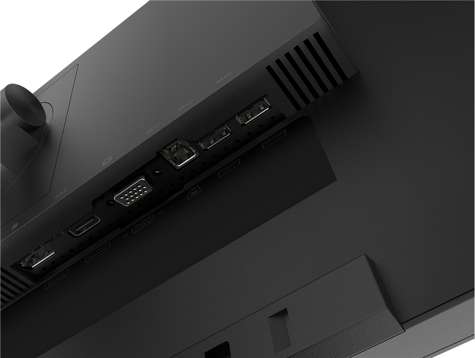 Nahaufnahme von Monitoranschlüssen. Enthält HDMI-, USB- und VGA-Anschlüsse.