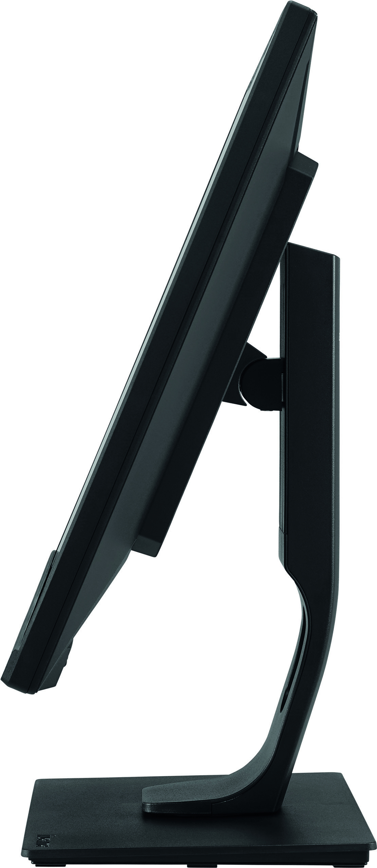 Czarny monitor komputerowy z boku. Na czarnym stojaku, na białym tle.