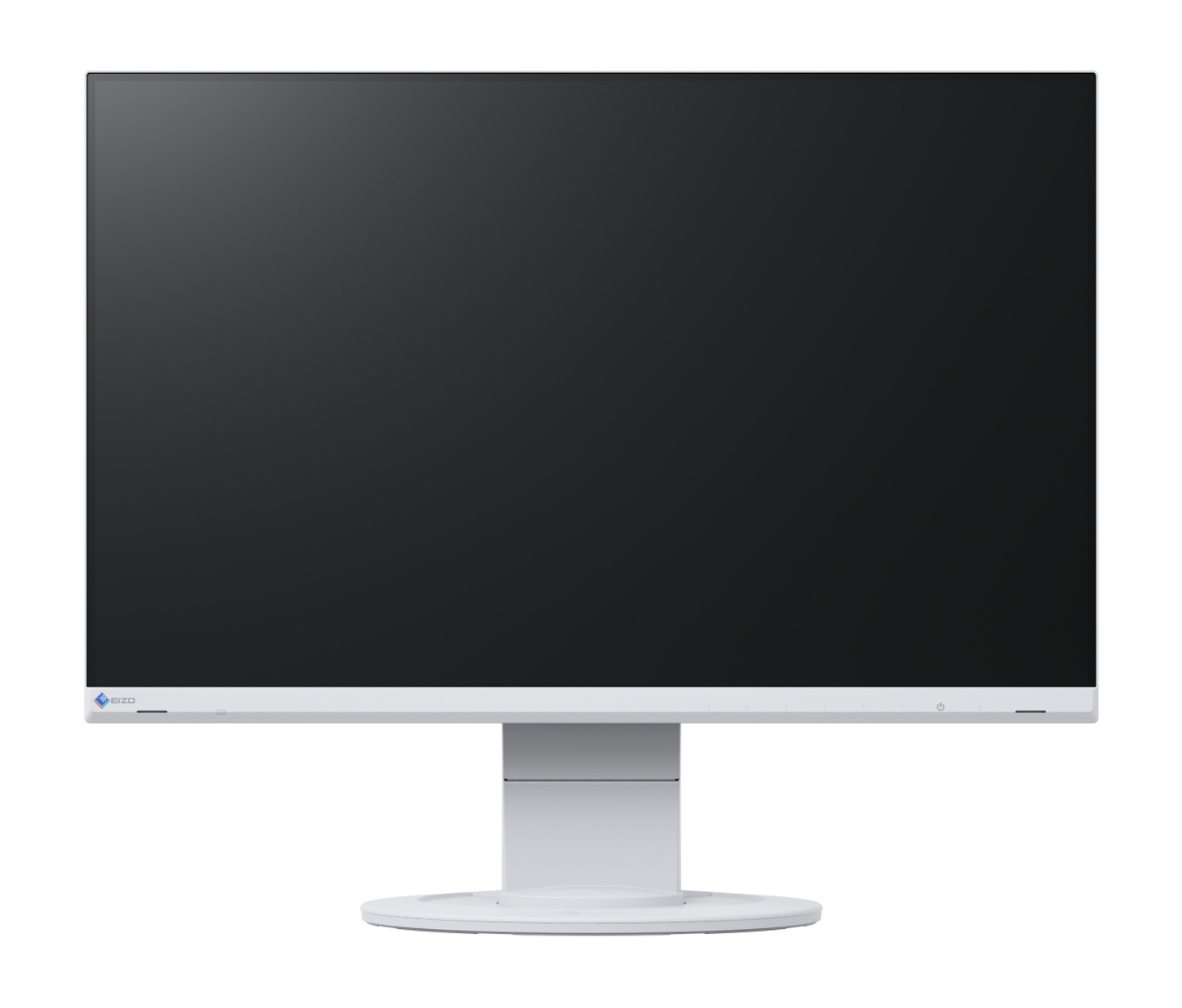 Weißer Monitor mit weißem Sockel. Schwarzer Bildschirm.