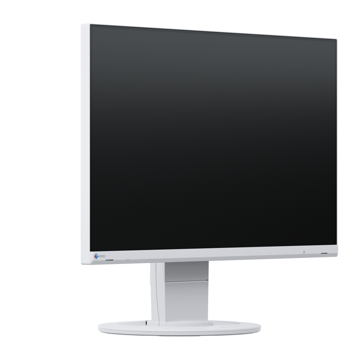 Weißer Computermonitor mit schwarzem Bildschirm. Der Sockel ist ebenfalls weiß.