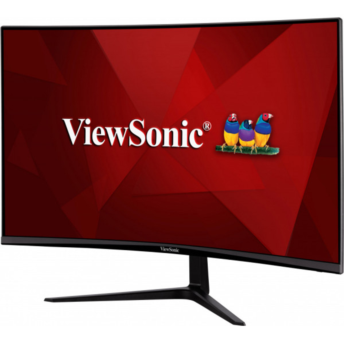 Ein geschwungener Computermonitor mit dem ViewSonic-Logo. Der Hintergrund ist rot und hat Designelemente.