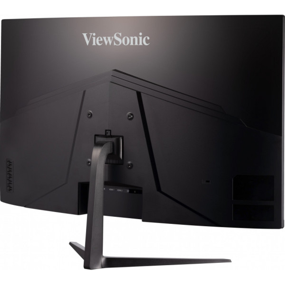 Rückseite eines schwarzen ViewSonic-Monitors. Der Ständer ist dunkel und metallisch. Weißer Hintergrund.