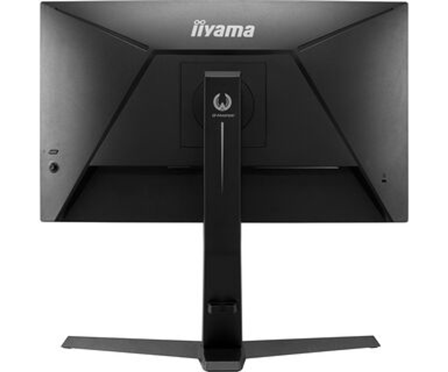 Tył czarnego monitora iiyama. Logo iiyama, stojak, widoczne porty.
