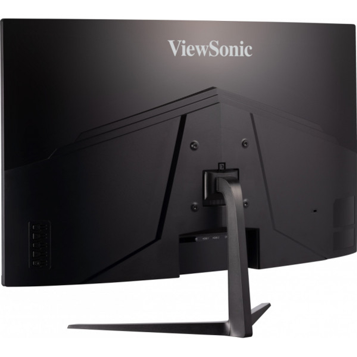 Rückseite eines schwarzen ViewSonic-Monitors. Der Ständer ist schwarz. Der Markenname steht oben.