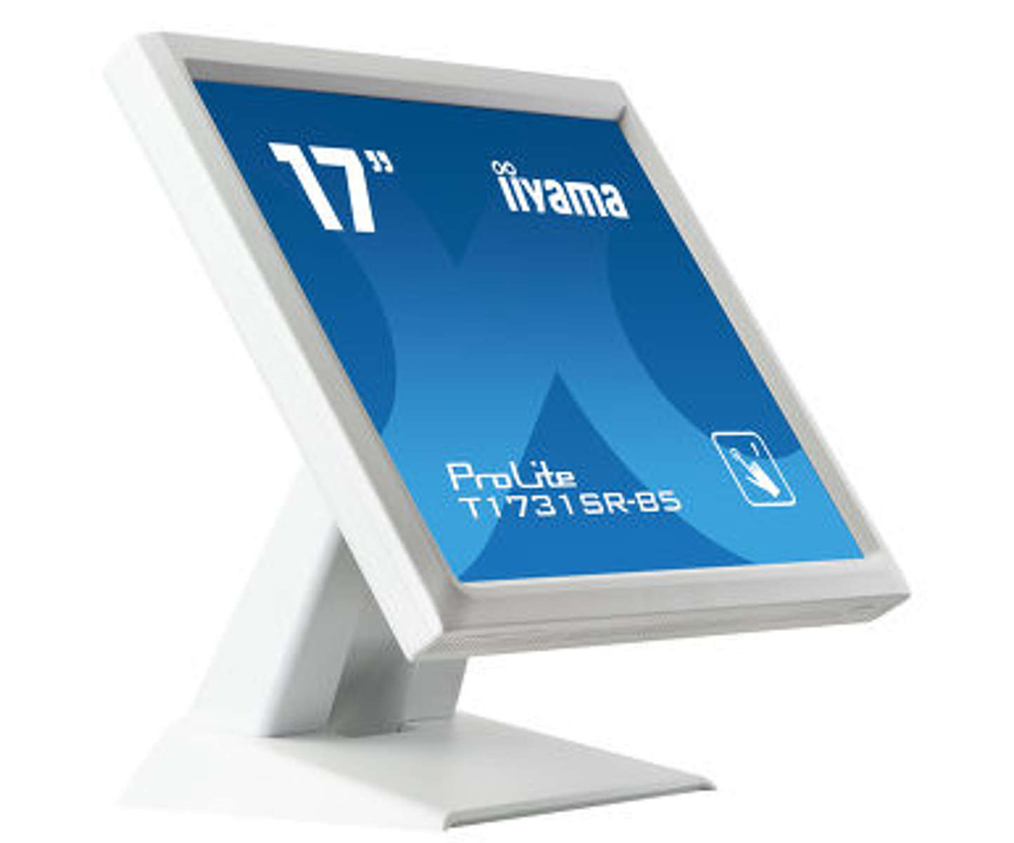 Monitor táctil Iiyama Prolite blanco en ángulo, mostrando una pantalla azul con texto.