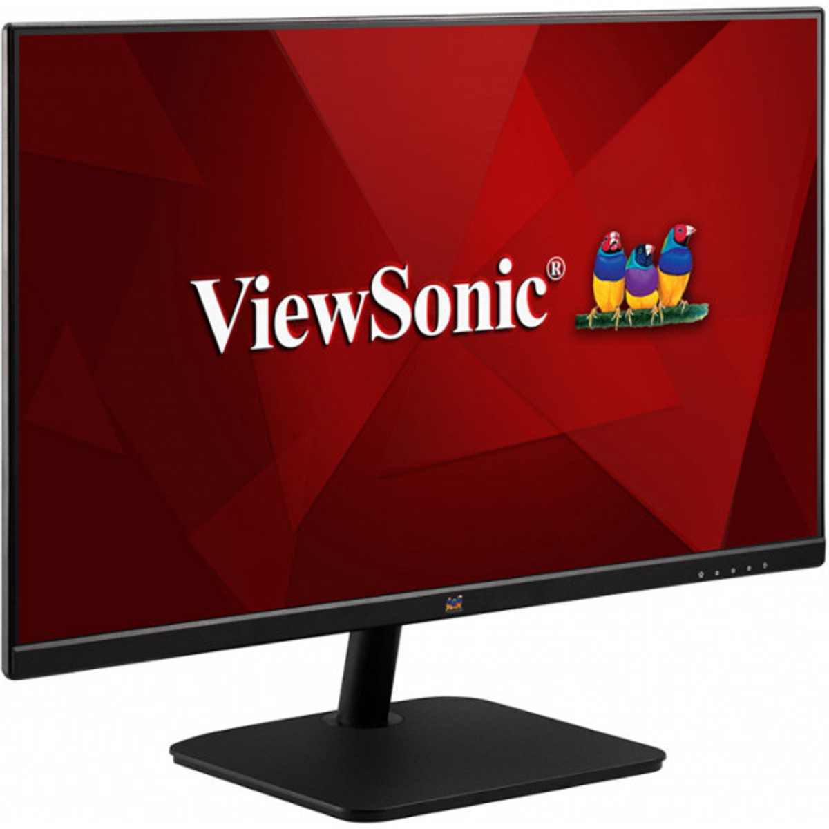 Computerbildschirm mit dem ViewSonic-Logo und bunten Vögeln, rotem Hintergrund, schwarzem Ständer.