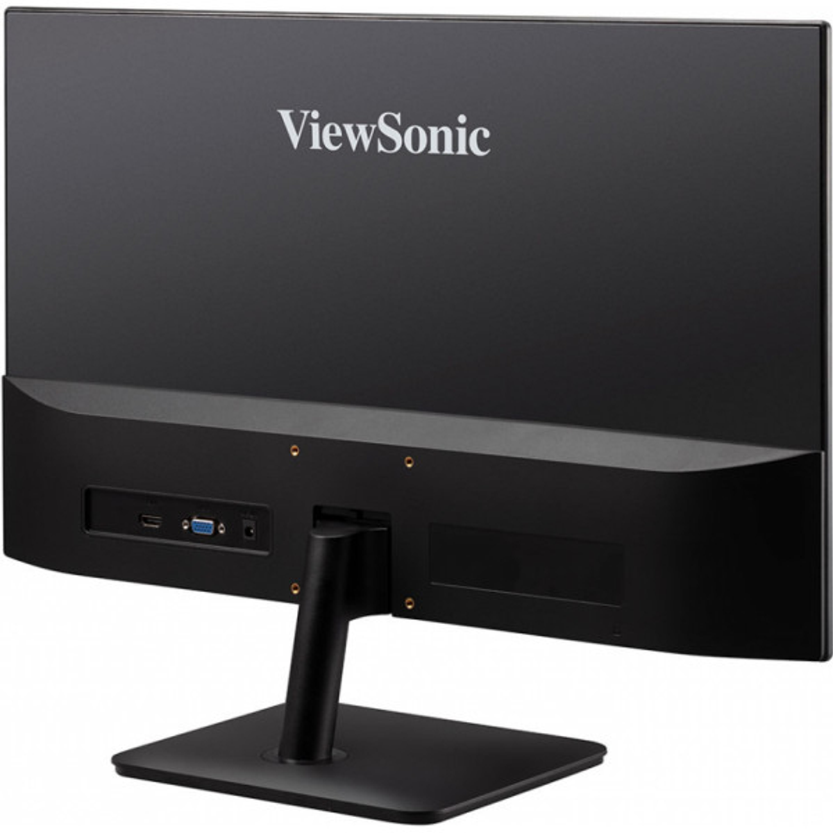Rückansicht eines schwarzen ViewSonic-Monitors mit Anschlüssen und Ständer.