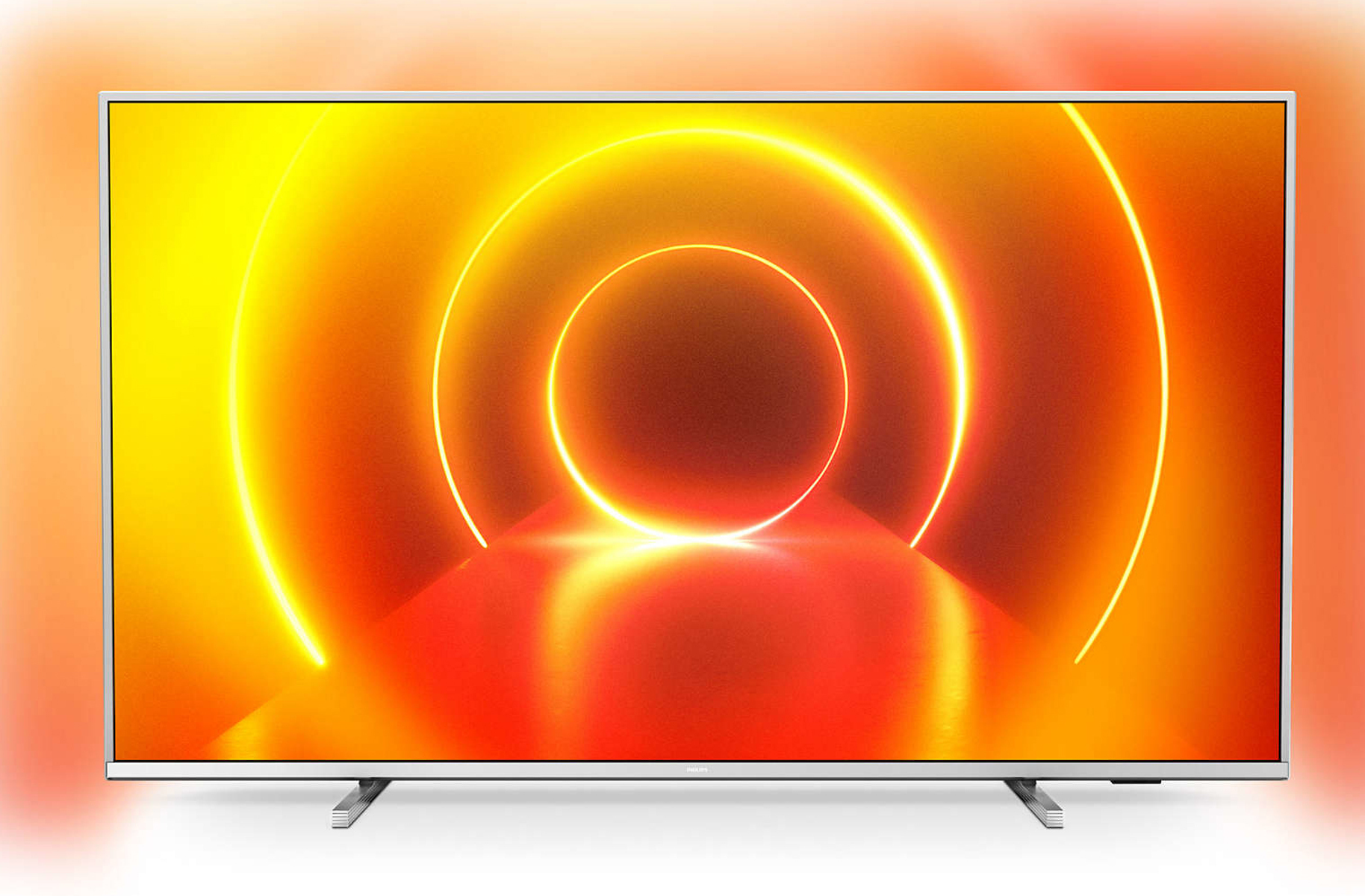 Telewizor szerokoekranowy z jasnym, pomarańczowo-żółtym świecącym wzorem na ekranie.