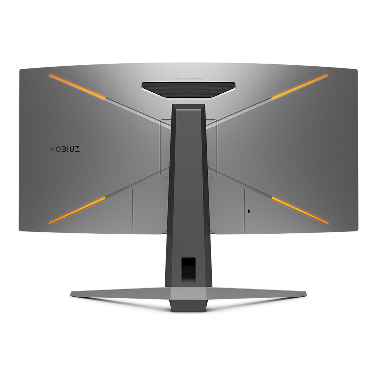 Widok z tyłu monitora z podstawą. Ma MOBIUZ i pomarańczowe akcenty.