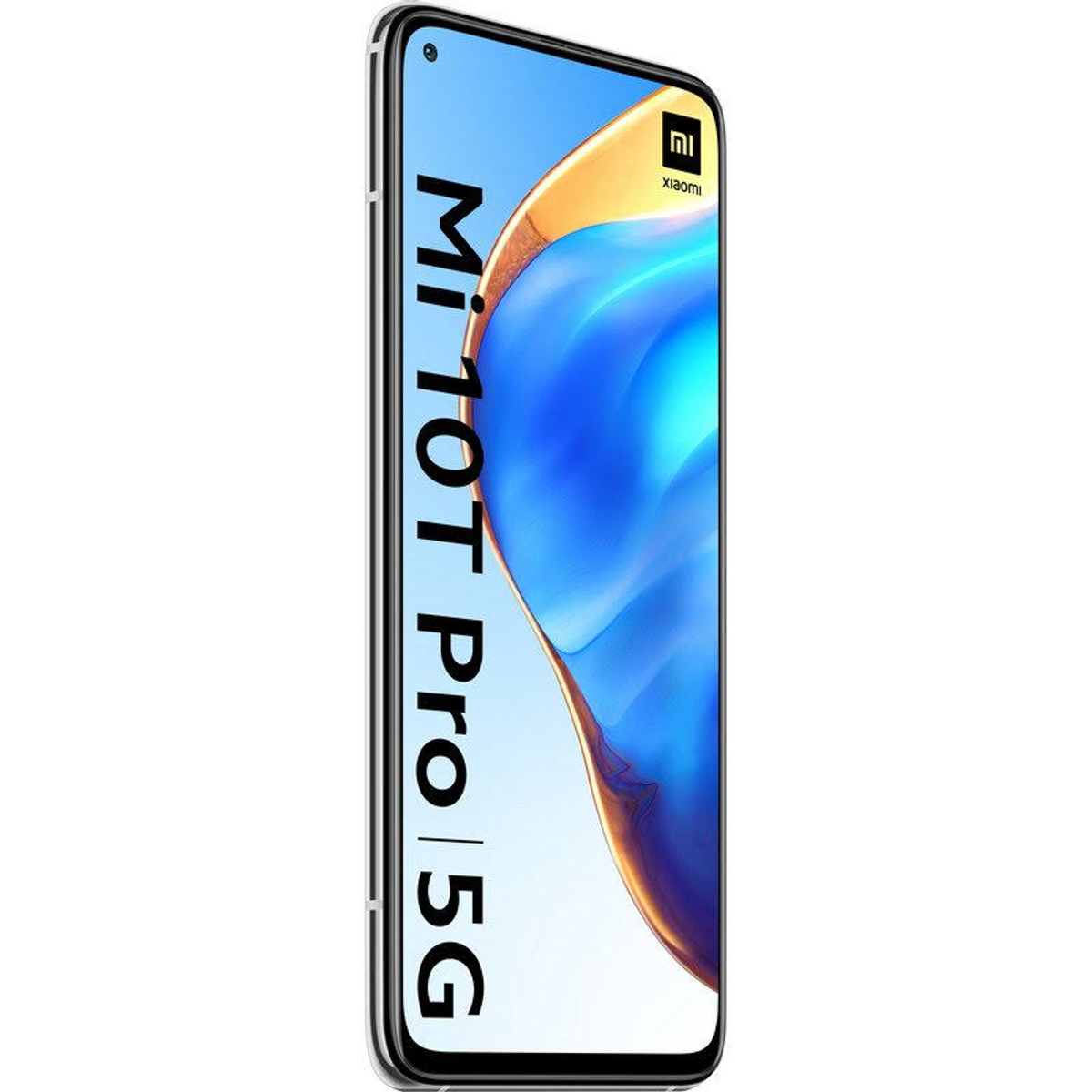 Smartfon z niebieskim wyświetlaczem, czarną ramką i napisem "Mi 10T Pro 5G" z boku.