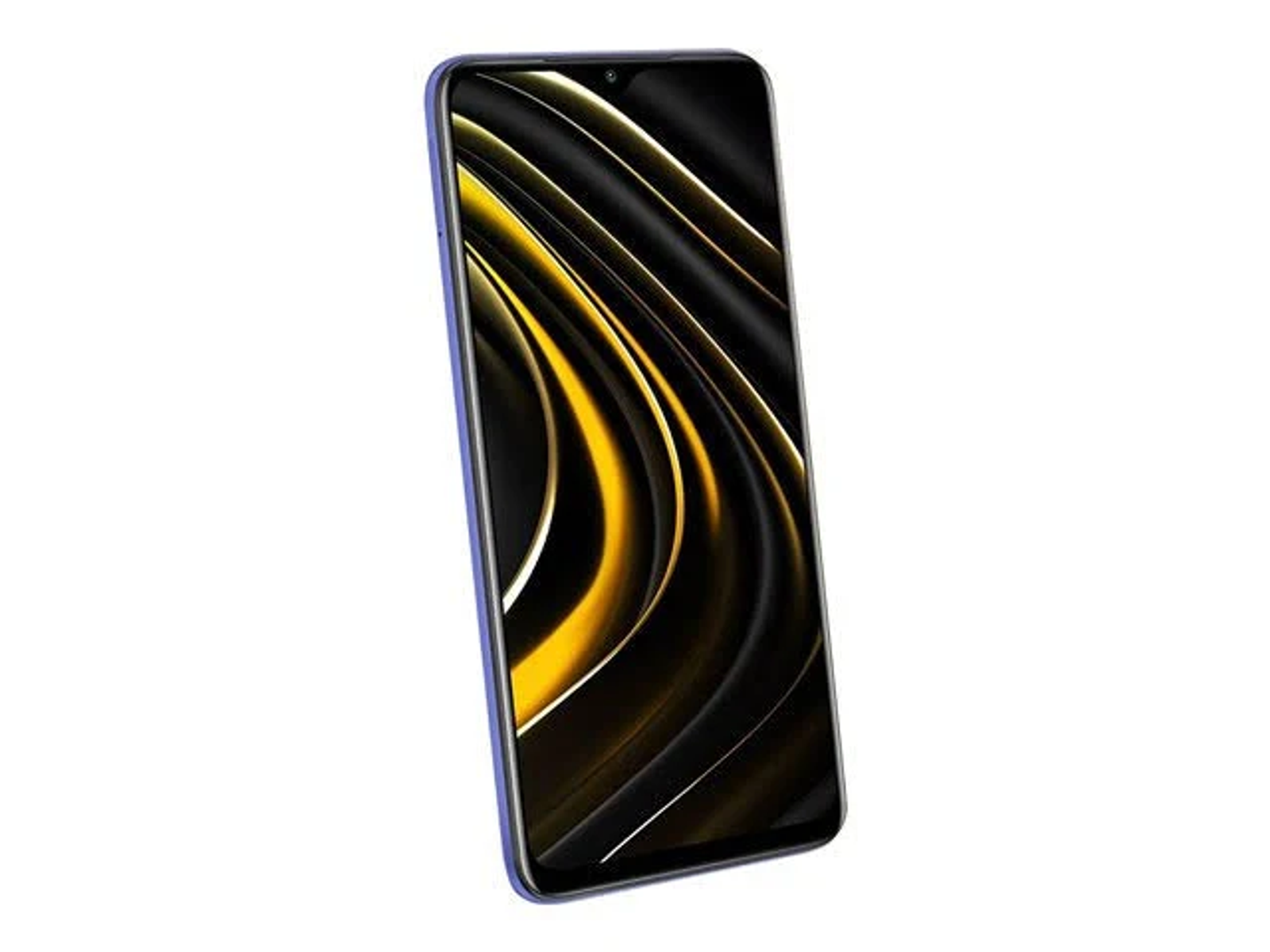 Blaues Telefon mit goldenen Wirbeln auf dem Bildschirm. Angeschrägte Ansicht. Weißer Hintergrund.