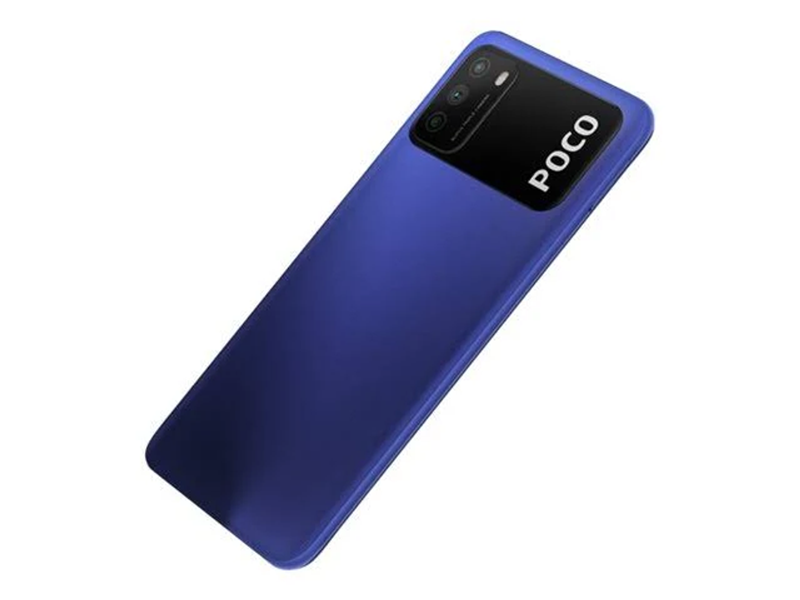 Blaue POCO-Telefonrückseite. Drei Kameras. Weißer Hintergrund.