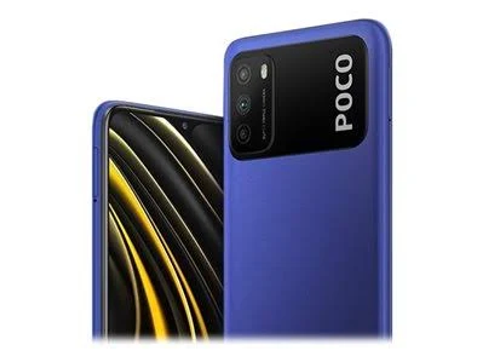 Zwei blaue Smartphones mit Kamera und POCO-Branding.