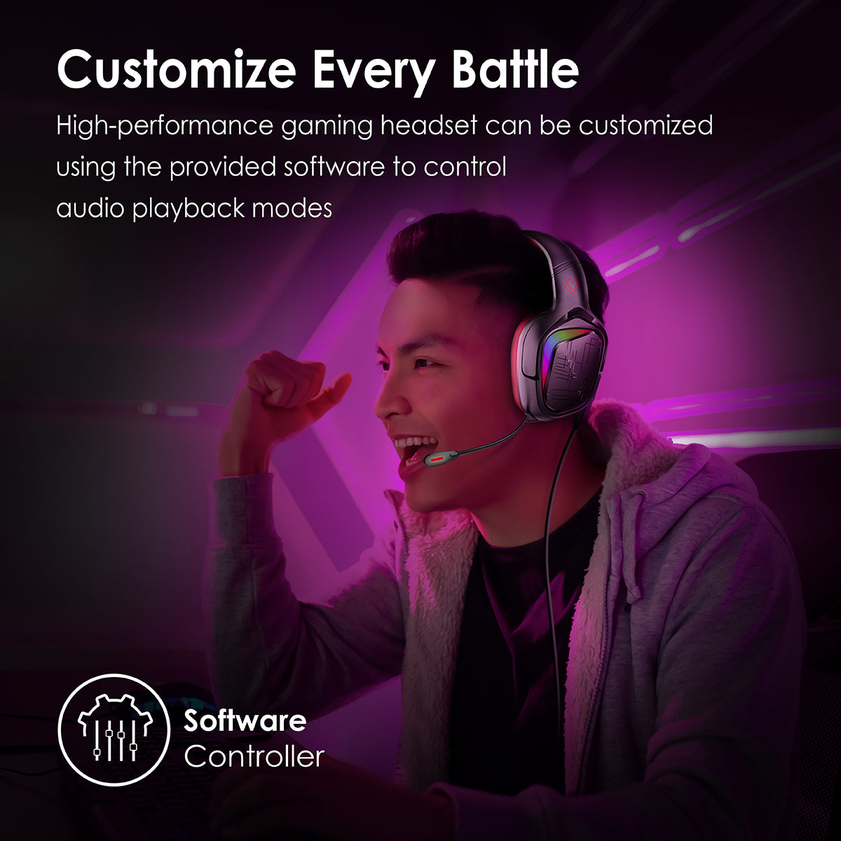 Un jugador con auriculares, sonriendo y levantando el puño, con texto sobre personalización.
