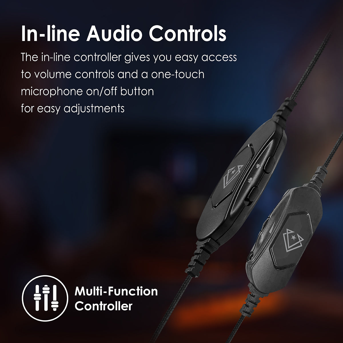 Controles de audio en línea negros con botones de volumen y micrófono. El fondo está borroso.