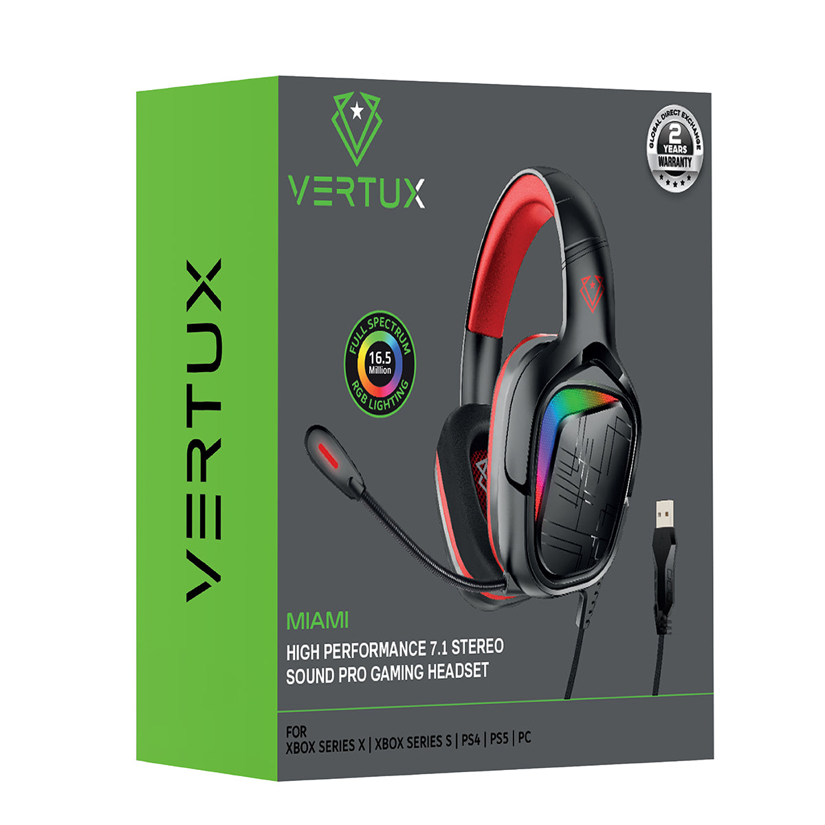 Caja de auriculares: negro y verde. Los auriculares son negros y rojos con iluminación RGB.