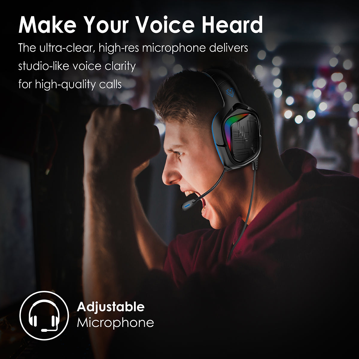 Hombre usando auriculares gaming negros con micrófono, haciendo una llamada.