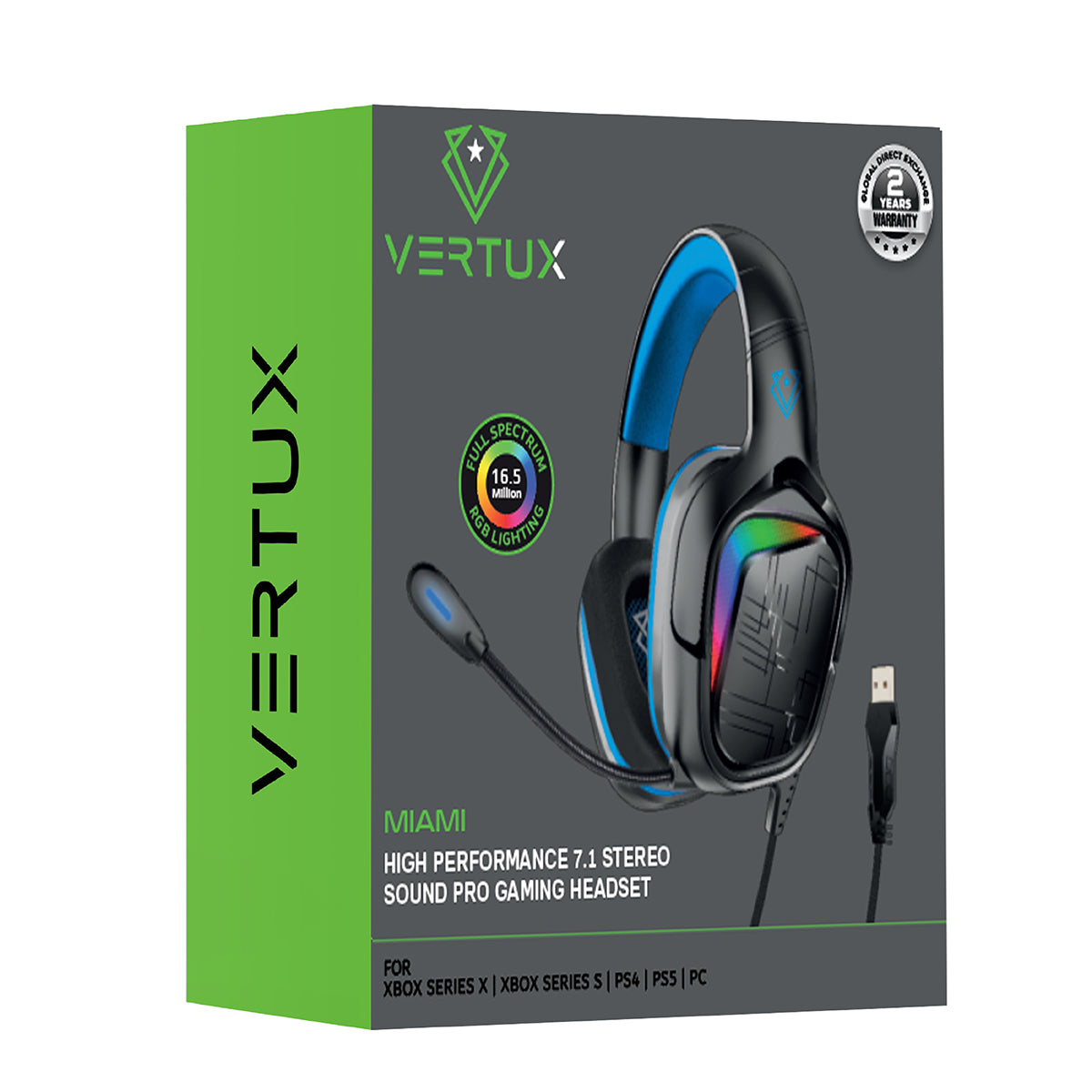 Caja de auriculares, verde y negra, con imagen de auriculares. Texto: Vertux, Miami, y más.