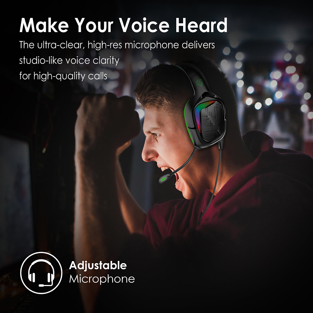 Un hombre con auriculares para juegos, mirando hacia arriba y a la derecha. Los auriculares tienen luces de colores.