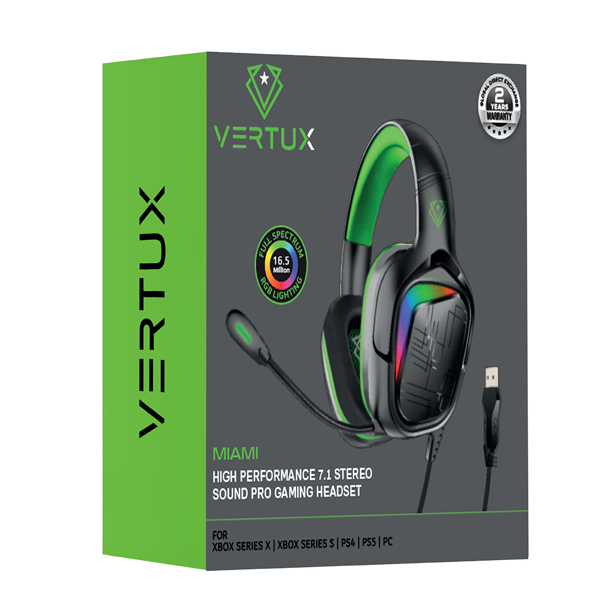 Caja de auriculares. Diseño verde, negro y blanco. Imagen de auriculares. Texto: Miami Gaming Headset.