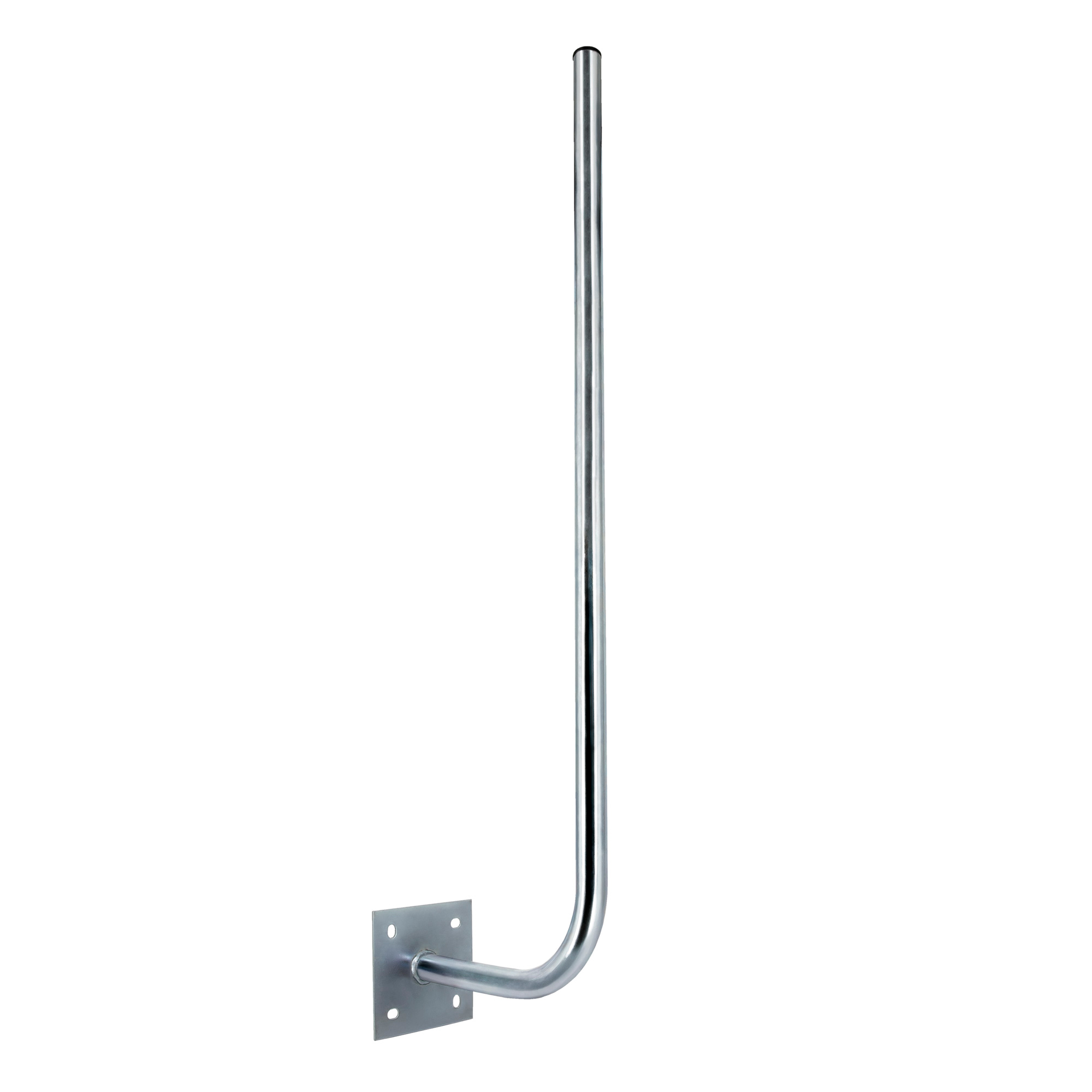 Eine verchromte gebogene Metallstange, montiert auf einer quadratischen Metallplatte.