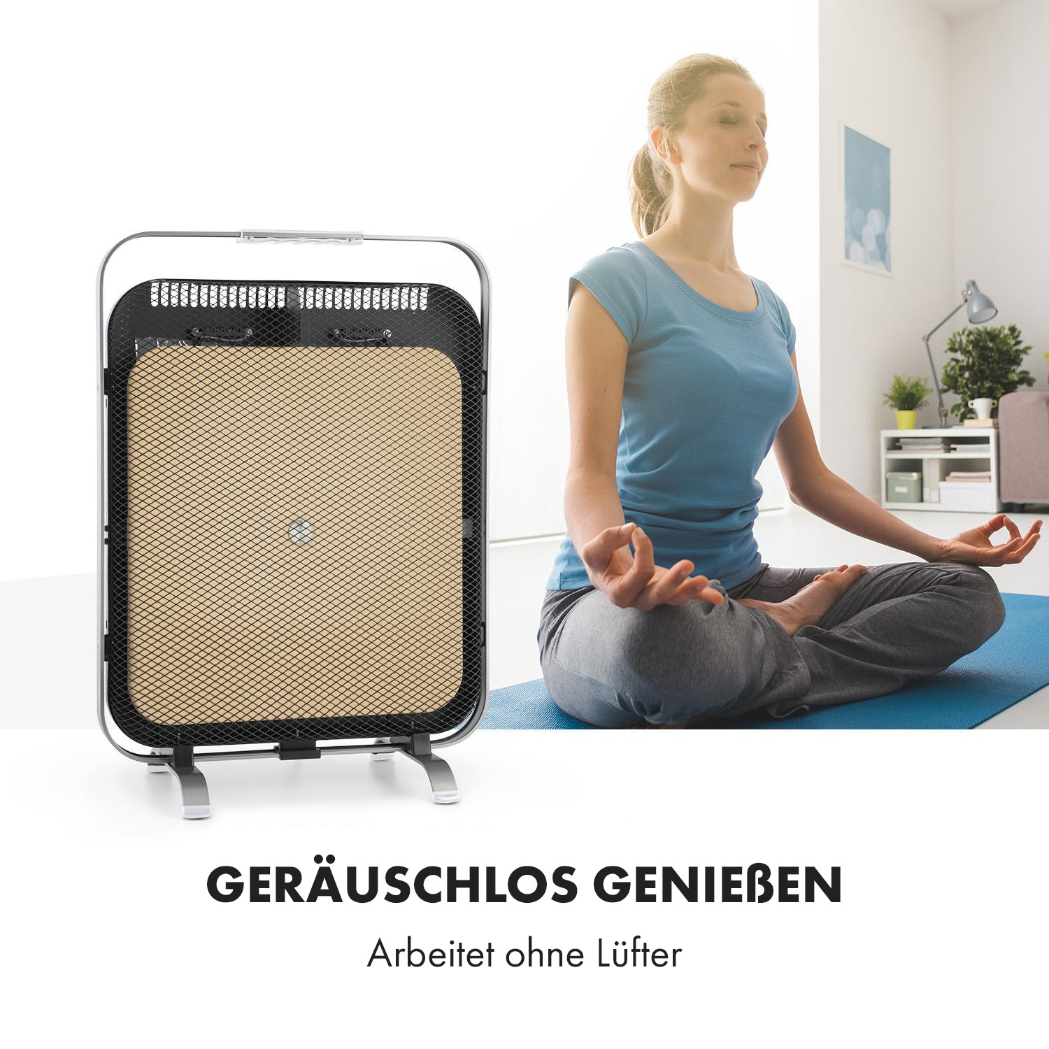 Frau meditiert neben einem schwarz-silbernen Ventilator. Text: Genieße die Stille.