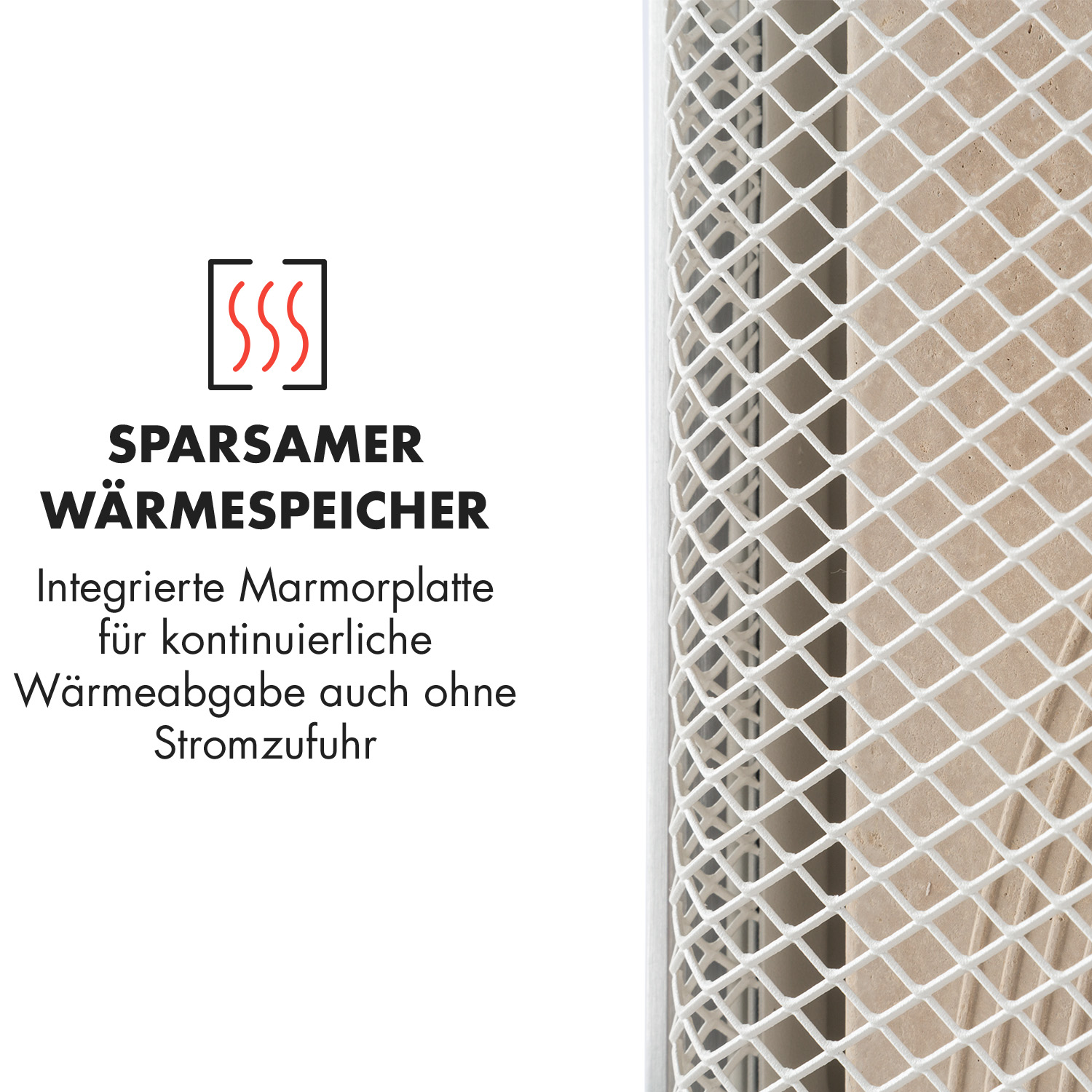 Gros plan sur un panneau chauffant blanc avec motif en grille et texte. Mur beige.