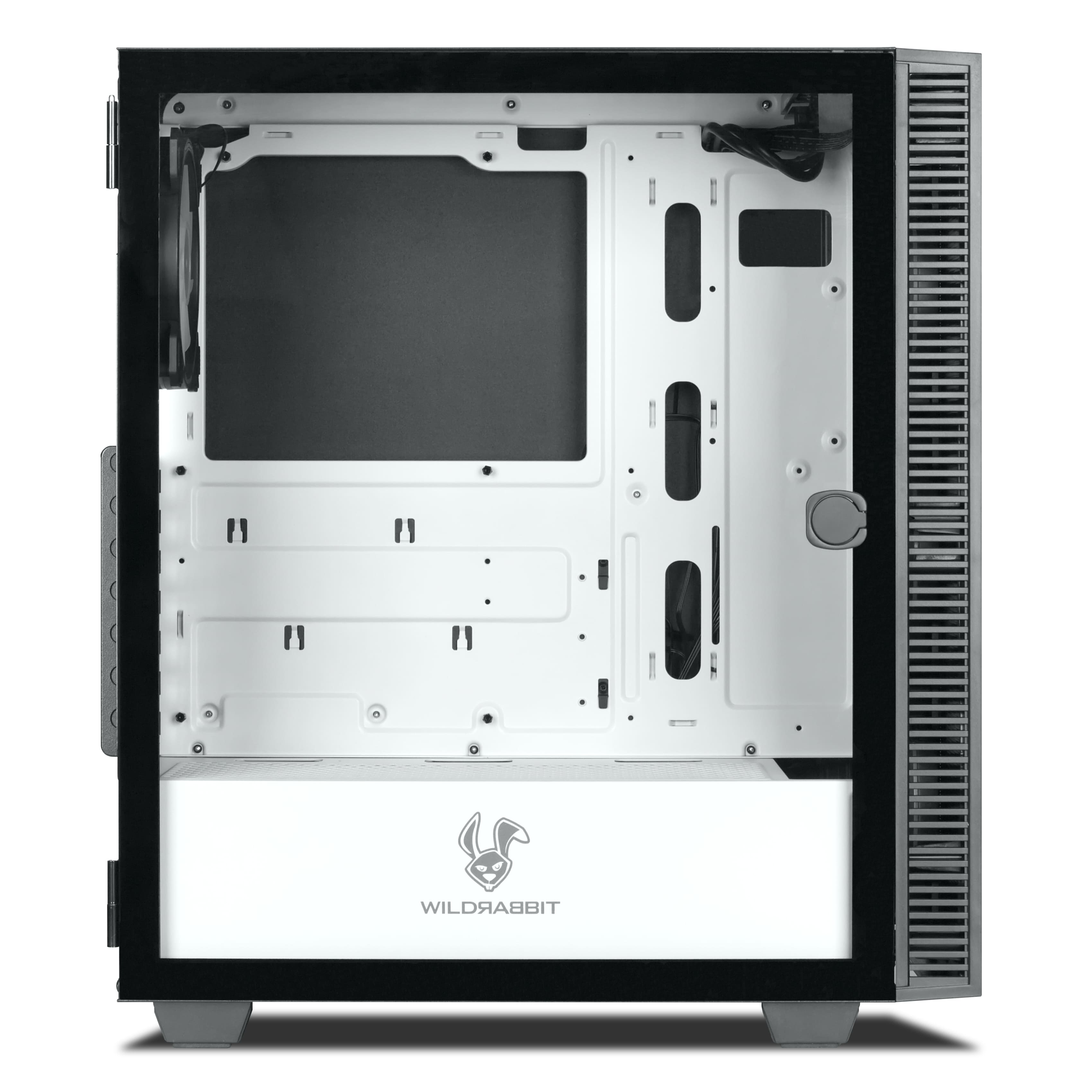 Interior de una caja de computadora abierta. Es blanco con un logotipo de Wildrabbit.