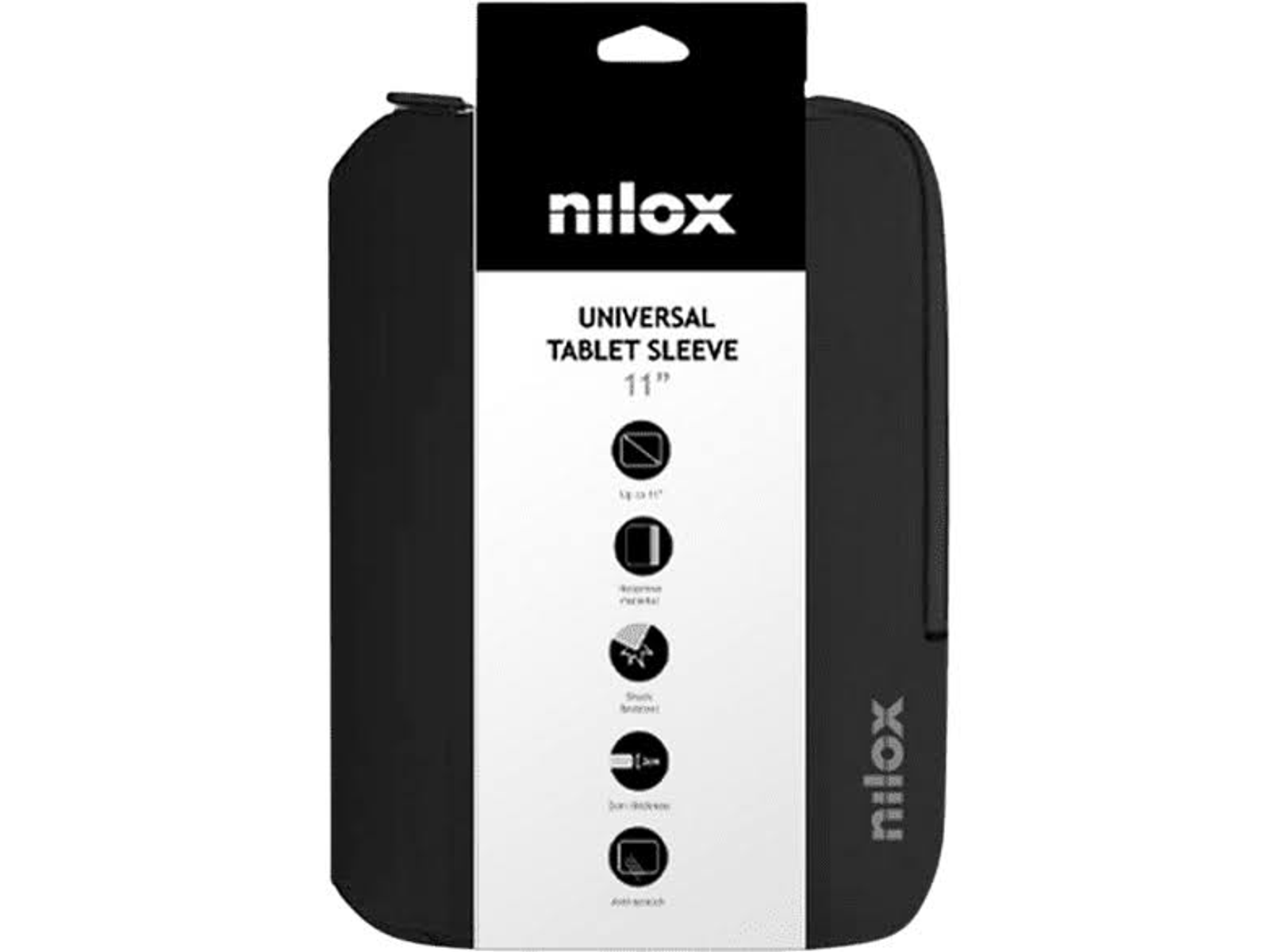Una funda negra para tablet con el logo 'nilox' y el texto 'UNIVERSAL TABLET SLEEVE 11"'.