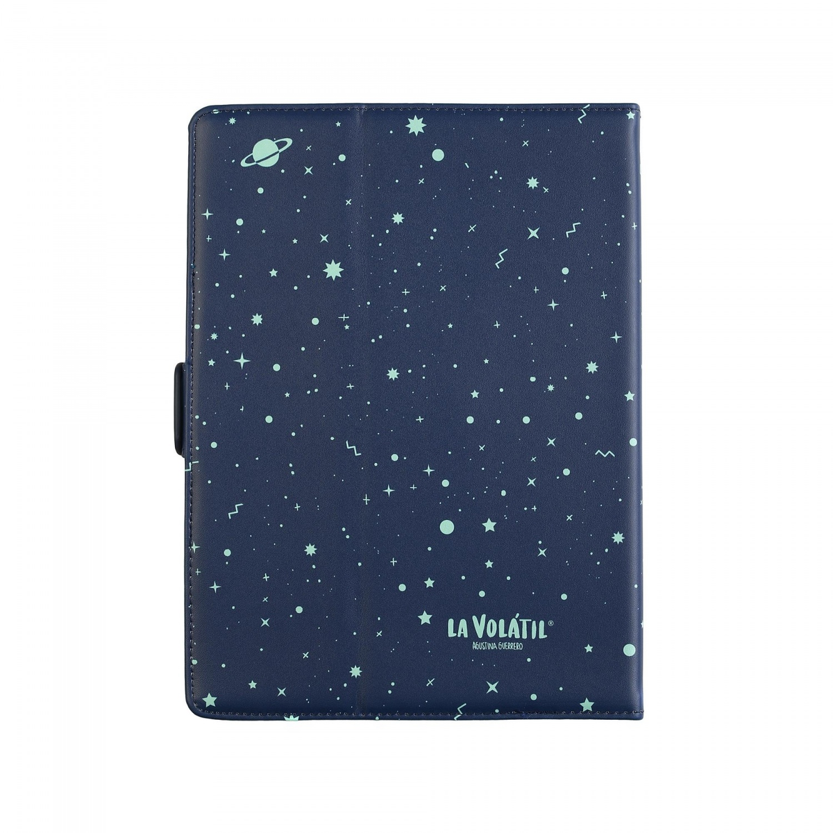 Funda de tableta azul oscuro con un patrón de estrellas, cerrada. La marca 'LA VOLÁTIL' es visible.