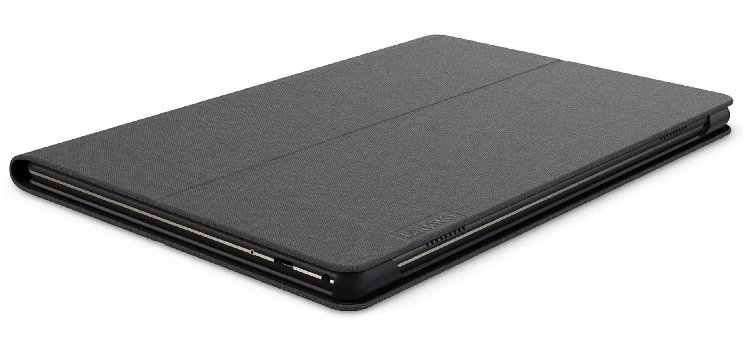 Graue Tablet-Hülle. Die Hülle ist geschlossen. Das Lenovo-Logo ist sichtbar. Weißer Hintergrund.