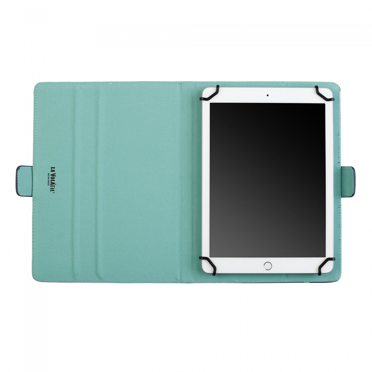 Una tableta en una funda color teal, abierta, mostrando la pantalla, con un borde negro.