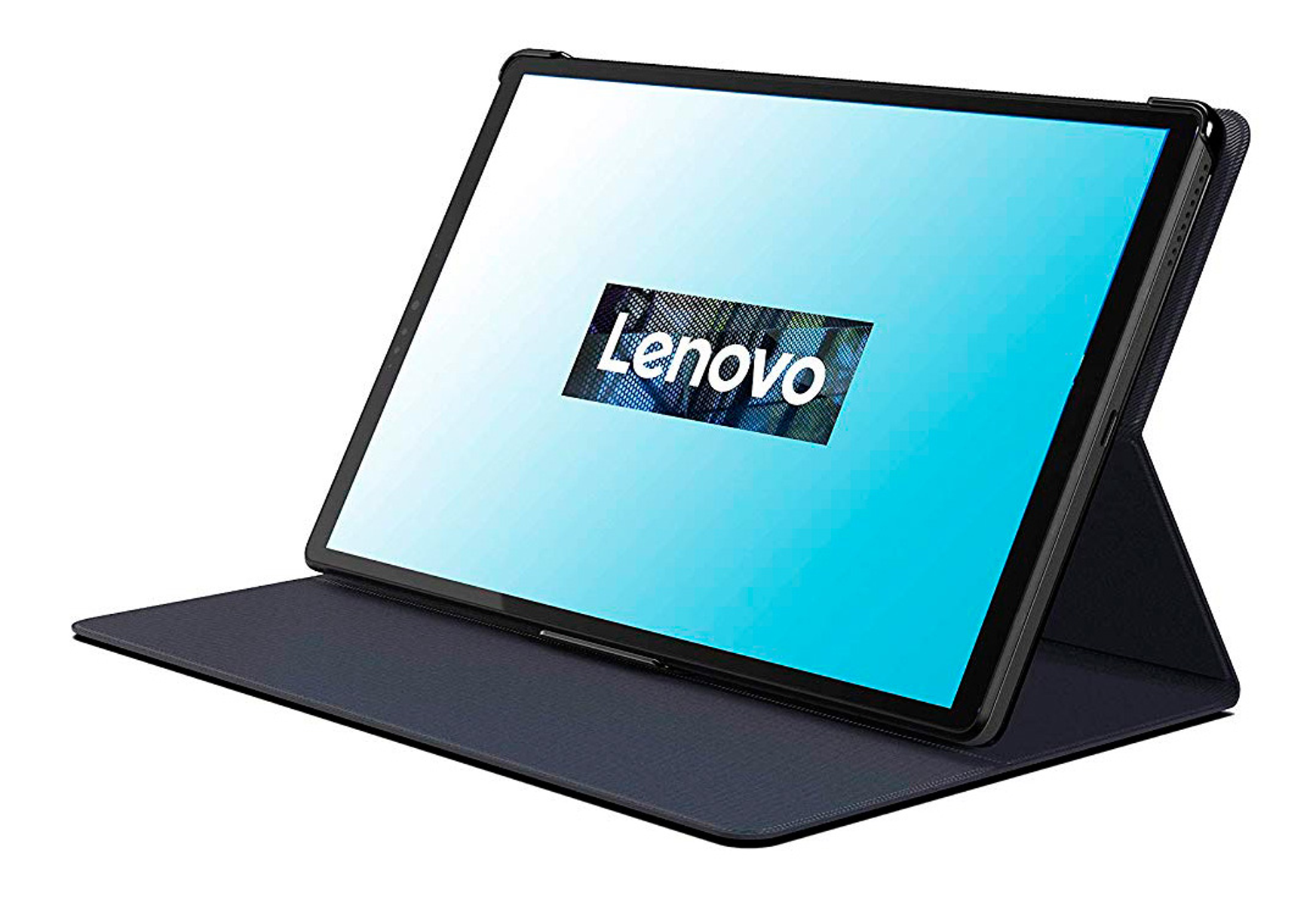 Ein schwarzes Lenovo-Tablet mit Lenovo-Logo auf dem Bildschirm und einer dunkelblauen Hülle.