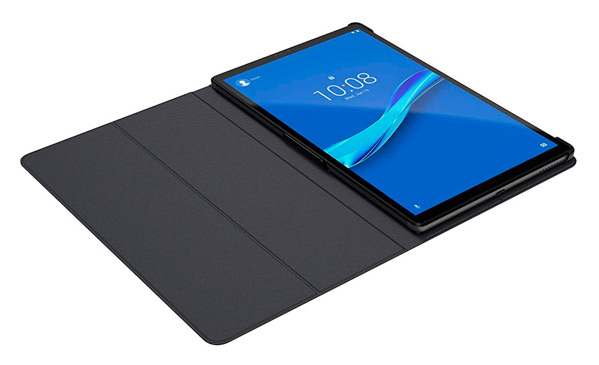Schwarzes Lenovo-Tablet in einer dunkelgrauen Hülle. Der Bildschirm ist eingeschaltet, zeigt einen blauen Hintergrund.