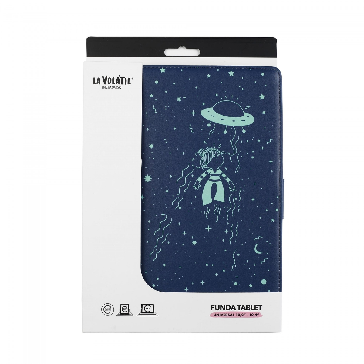 Funda para tableta con diseño espacial que presenta un personaje de dibujos animados y una nave espacial.