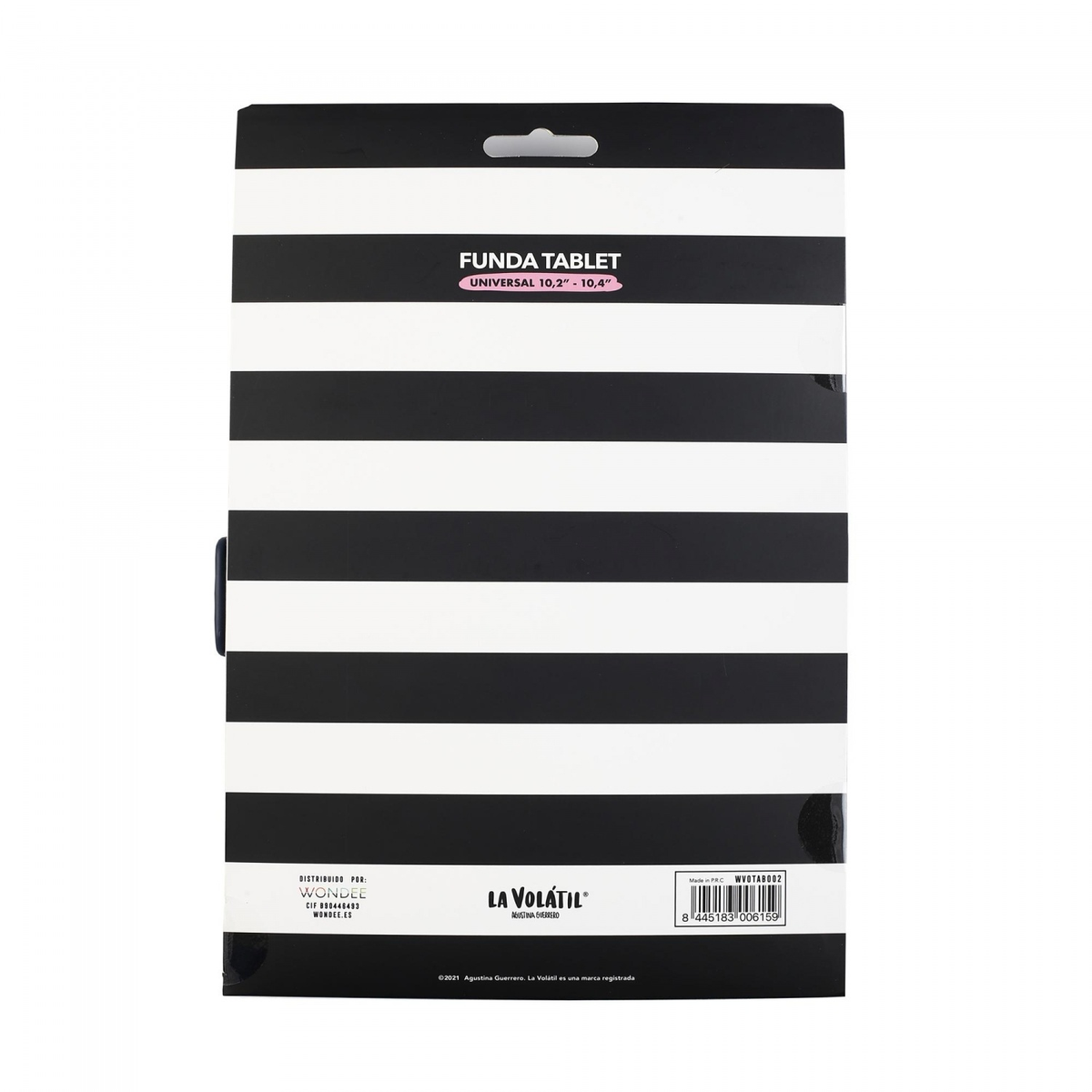 Funda para tableta, rayas horizontales blancas y negras, con marca en la parte inferior.
