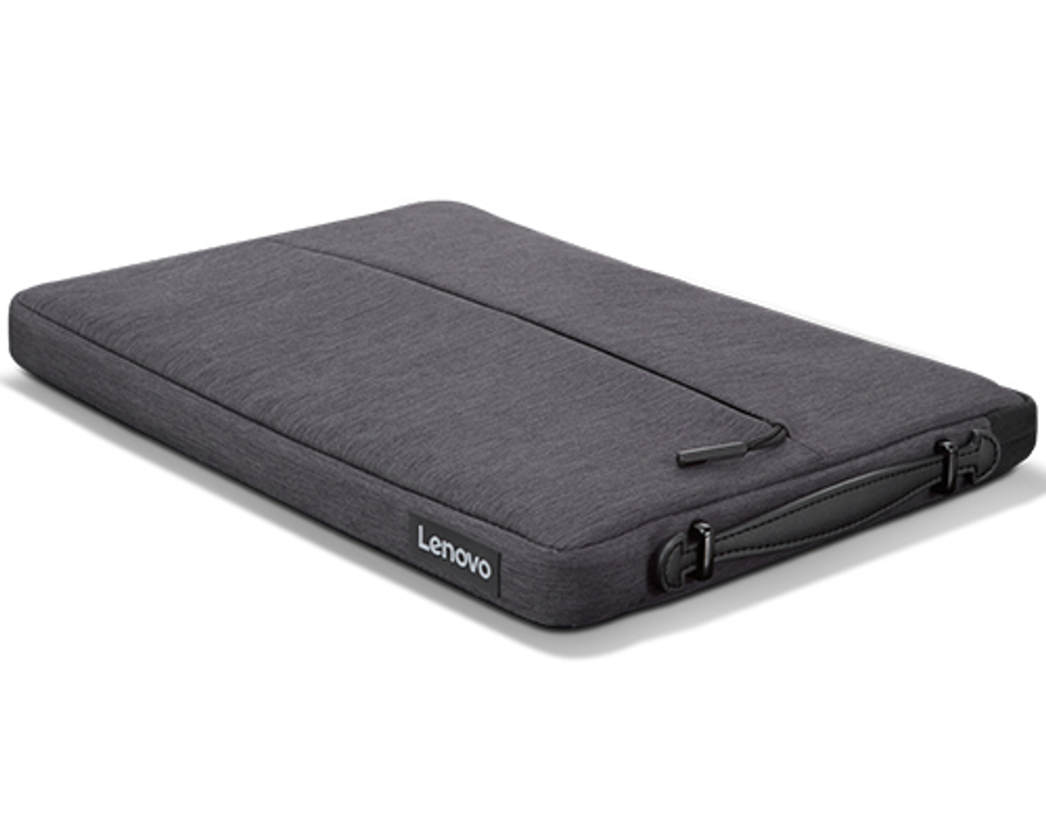 Graue Lenovo Laptop-Hülle mit Griff. Weißer Hintergrund.
