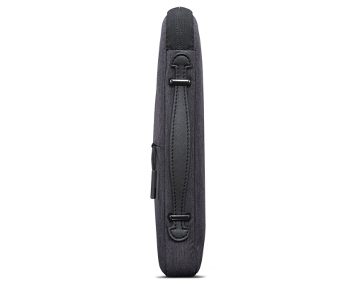 Eine dunkelgraue, schlanke Laptoptasche mit Griff und Reißverschluss.