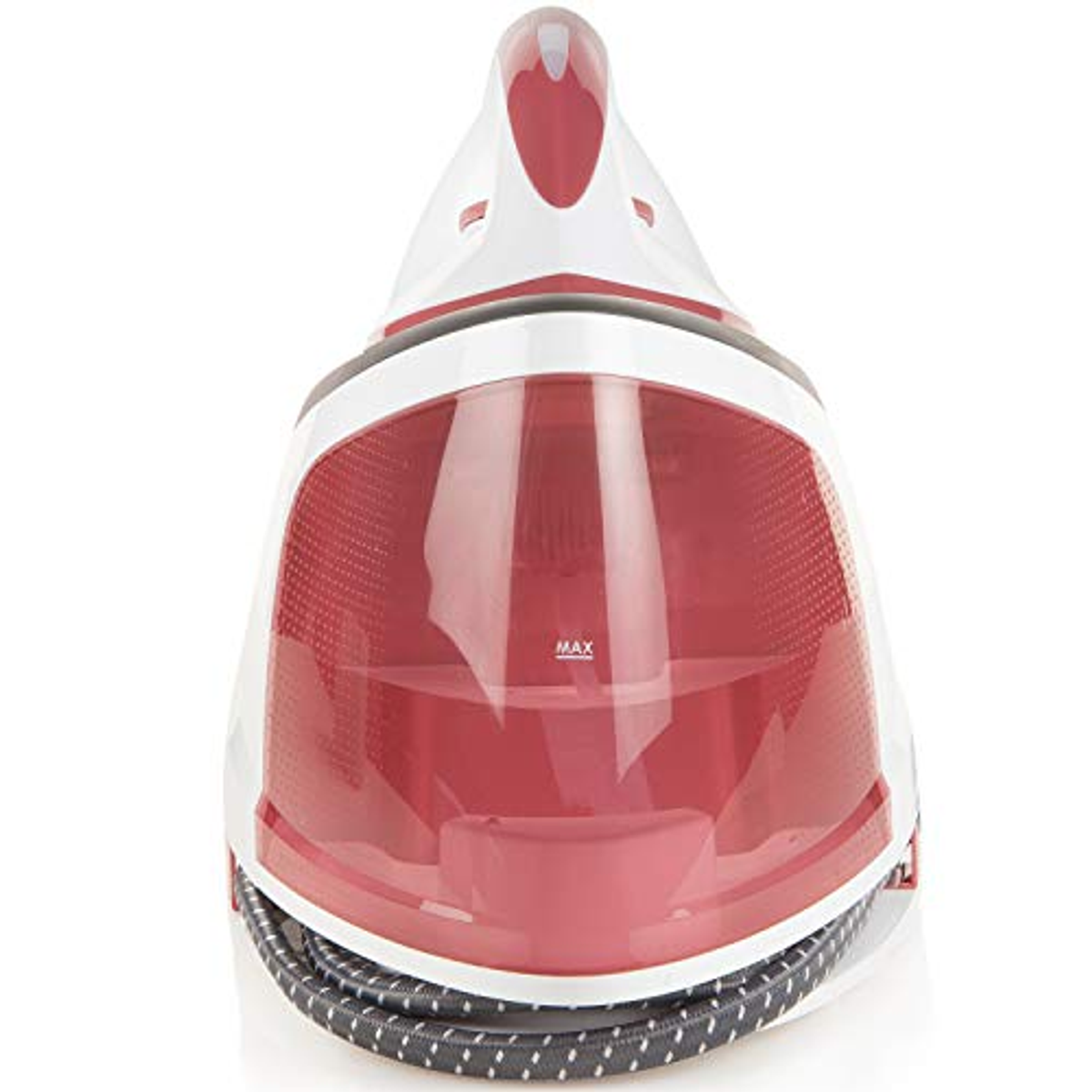 A steam iron with a red water reservoir and a gray cord, viewed from above.