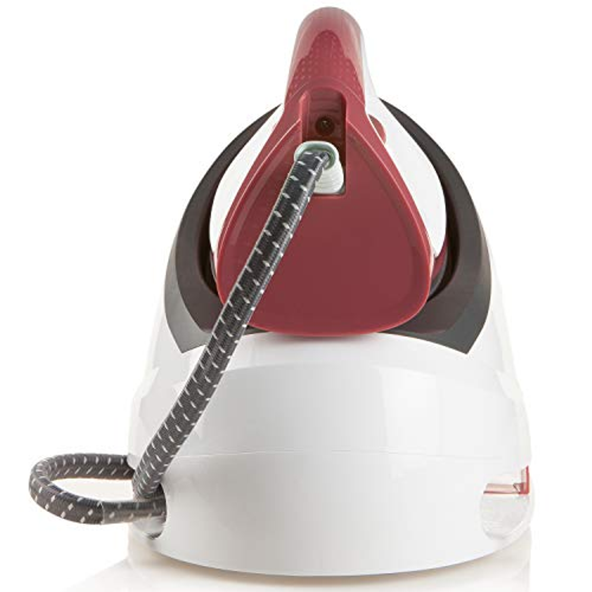 White and red iron. The cord is black and white. The iron is from the brand Taurus.