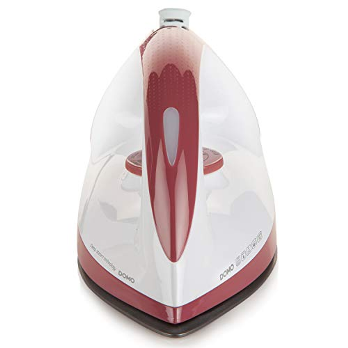 White and burgundy iron, top view. DOMO 200066 is written on the side.