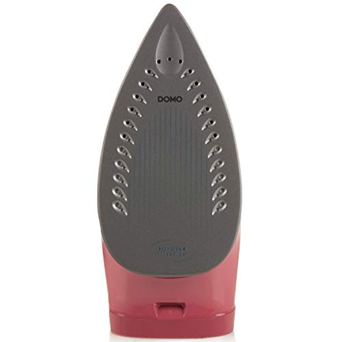 A red and gray iron, angled view. The base is red, and the iron's face is gray with holes.